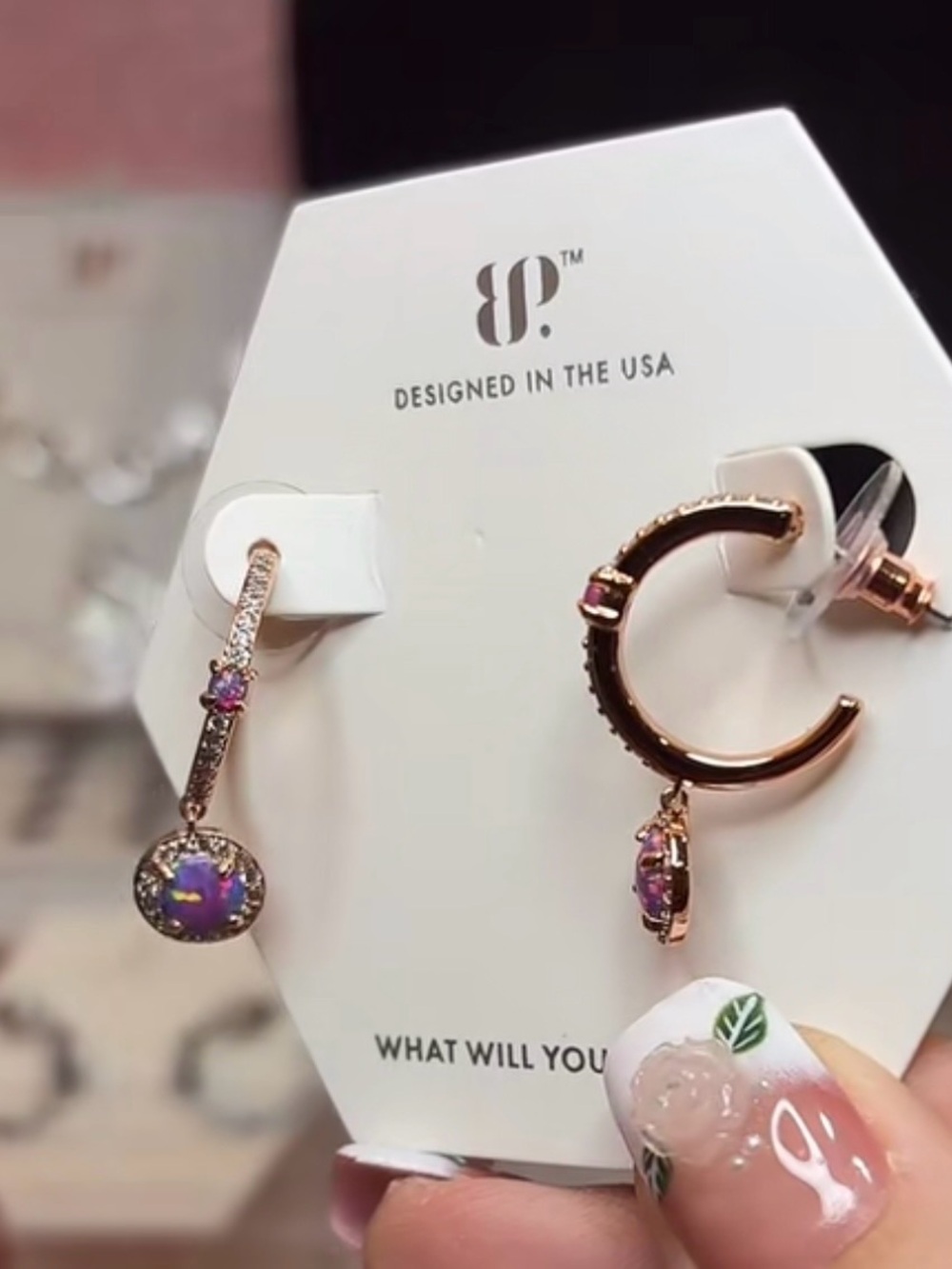 Bomb Party October 2025 Rose Gold purple Opal Drop Hoop Earrings